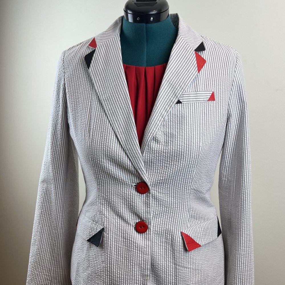 Cream & Gray Striped Seer Sucker Jacket Customized with Black/Red Embellishment